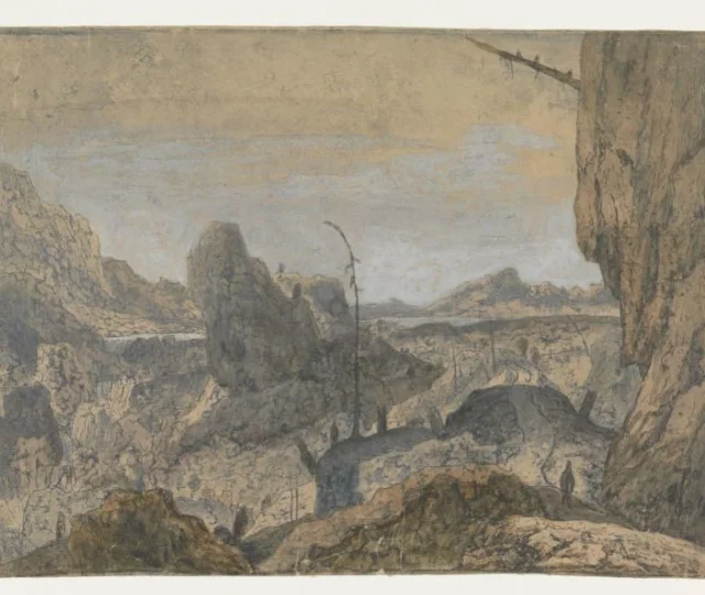 Rocky Landscape with a Man Walking to the Right, First Version